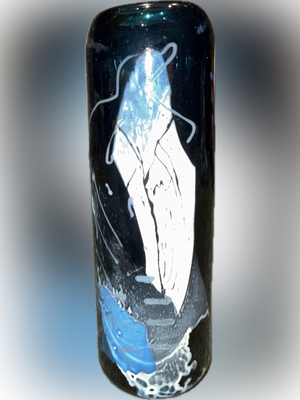 Stacy.Does.Glass Signed 7" Abstract Studio  Art Glass Vase - Blue & White